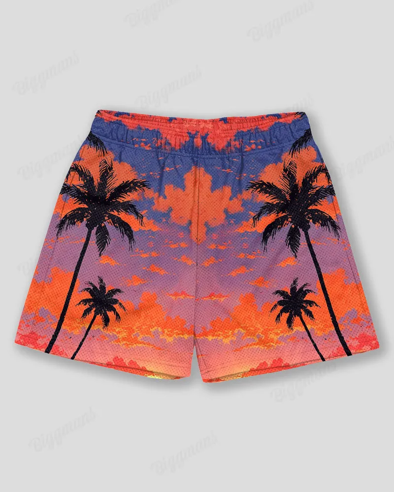 Plus Size Men's Hawaiian Sunset Coconut Tree Print Sports Mesh Quick Dry Shorts sold by Biggmans