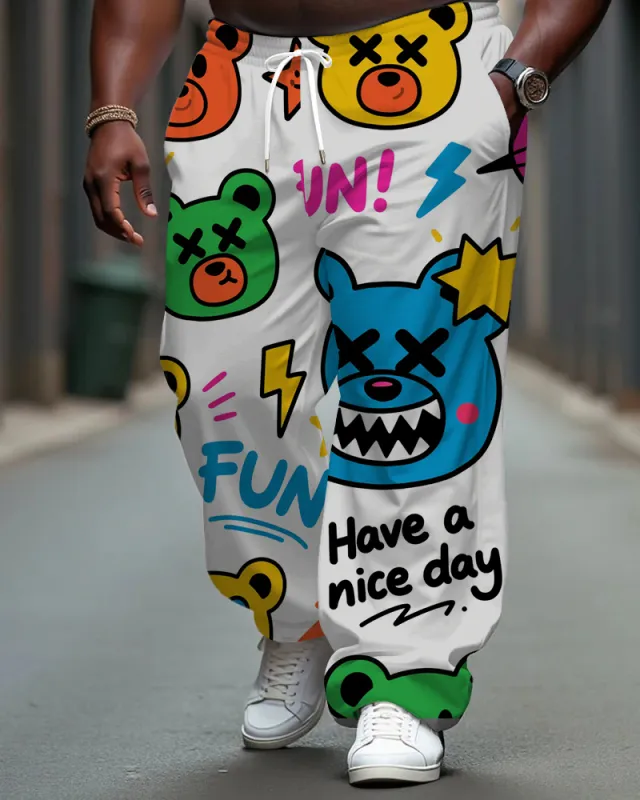 Big Men's Street Style Fun Cartoon Bear Printed Pants with Pockets & Drawstring sold by Biggmans