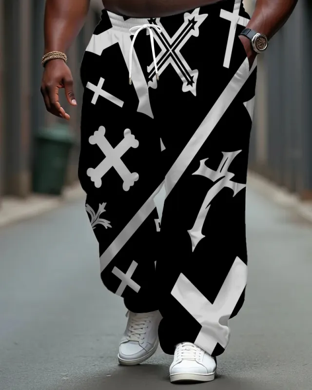 Big Men's Street Fashion Multi Cross Printed Pocket Drawstring Daily Casual Pants sold by Biggmans