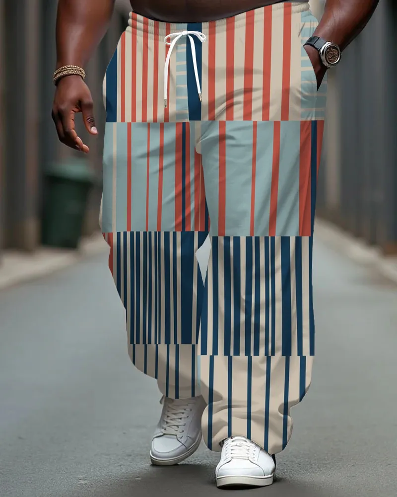 Big Men's Simple Fashion Stripes Splicing Style Pockets Drawstring Daily Casual Pants sold by Biggmans