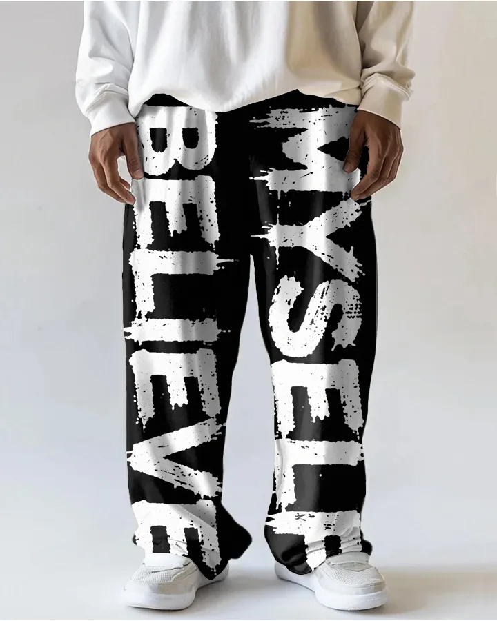 Big Men's Street Fashion BELIEVE MYSELF White Letter Printed Versatile Pocket Pants sold by Biggmans
