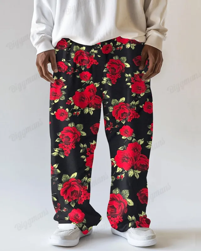 Floral Continuous Print Men's Loose Plus Size Straight Long Sweat Pants sold by Biggmans