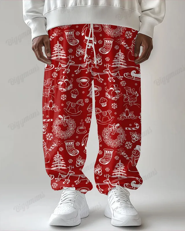 Christmas Playful Print Men's Loose Plus Size Straight Long Sweat Pants sold by Biggmans