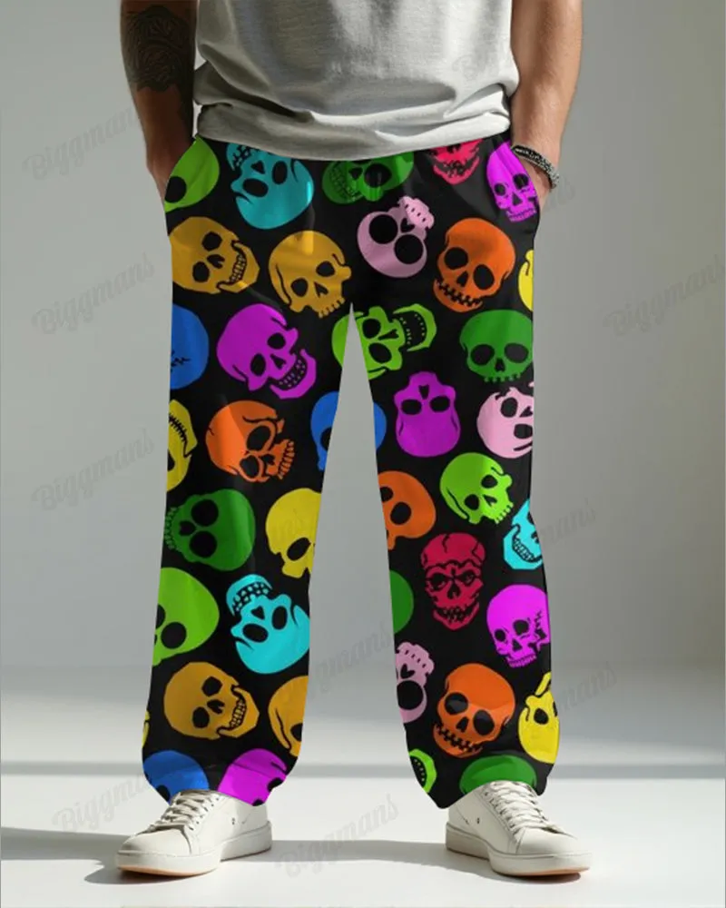 Colorful Skull Pattern Men's Loose Plus Size Straight Pants sold by Biggmans