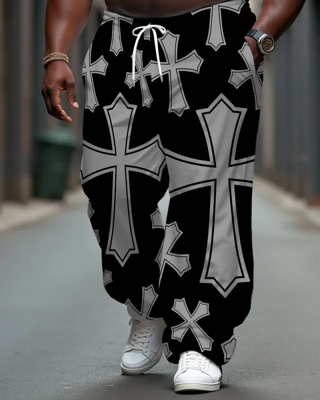 Men's Casual Simple Cross Printed Big and Tall Pants with Pockets & Drawstring sold by Biggmans