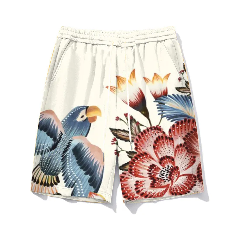 Men's Plus Size White Birds of Paradise Casual Drawstring Waist Shorts sold by Biggmans