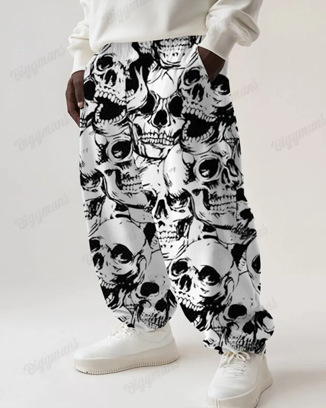 Skull Square Continuous Pattern Big Guy's Loose  Straight Long Sweat Pants sold by Biggmans