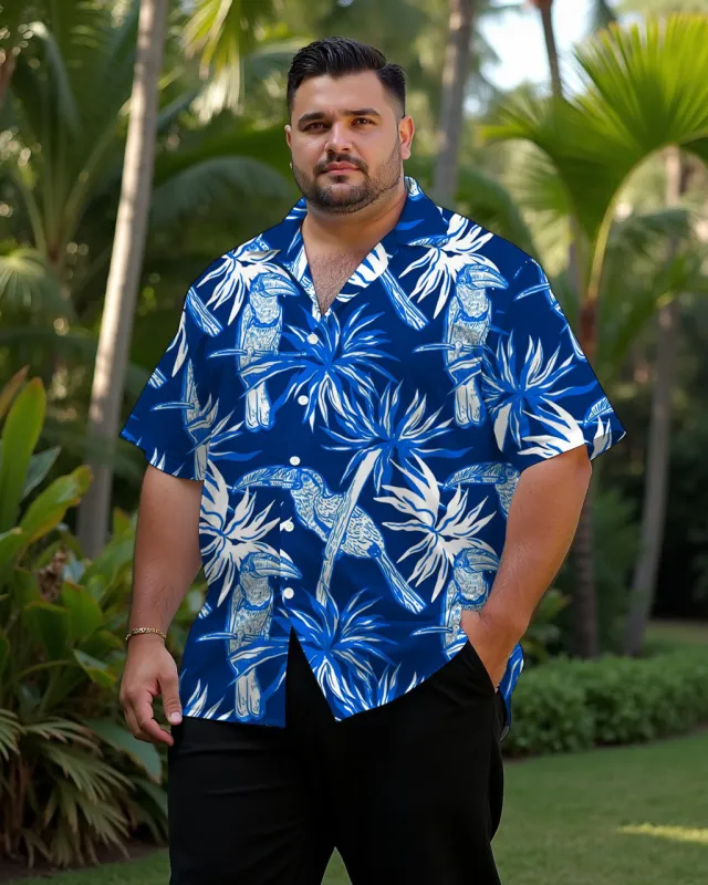 Hawaiian Casual Blue Flower And Bird Pattern Men's Plus Size Cuban Collar Short Sleeve Shirt sold by Biggmans