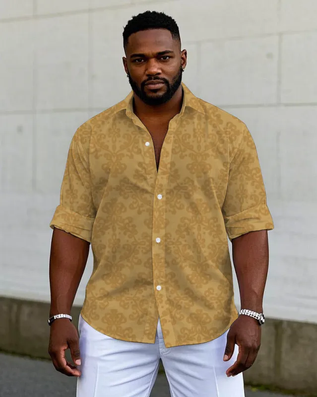 Men's Plus Size Business Khaki Vintage Pattern Jacquard Long Sleeve Shirt sold by Biggmans