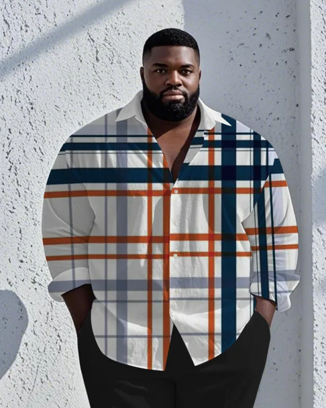 Men's Plus Size Business Blue Contrast Check Geometric Print Long Sleeve Shirt sold by Biggmans