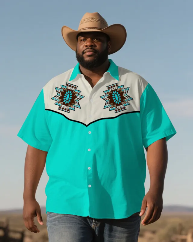 Men's Plus Size Western Style Turquoise Green Patchwork Aztec Print Short Sleeve Shirt sold by Biggmans