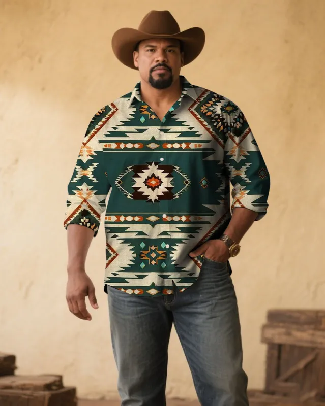 Men's Plus Size Retro Western Denim Grey-green Floral Print Long Sleeve Shirt sold by Biggmans
