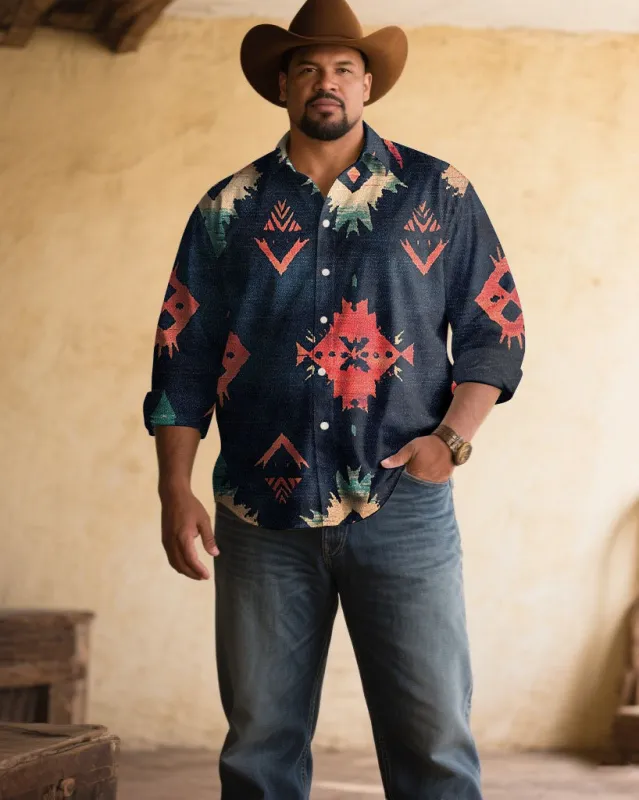 Men's Plus Size Retro Western Denim Classic Royal Blue Long Sleeve Shirt sold by Biggmans