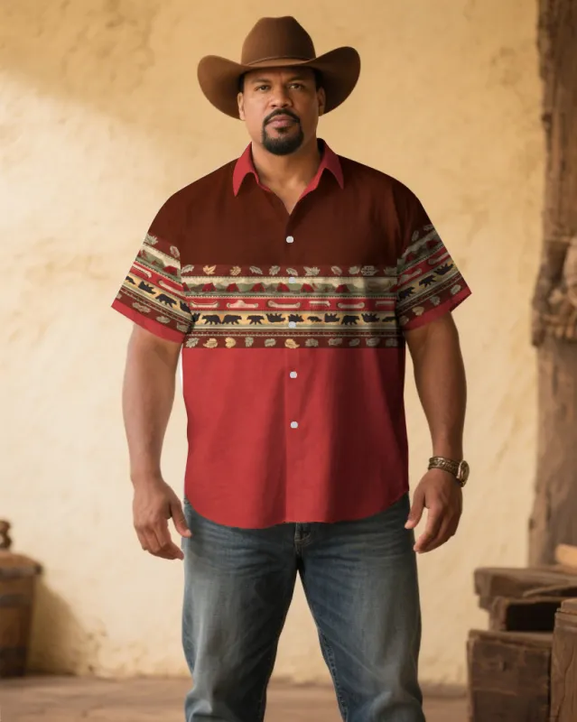 Men's Plus Size Red Western Denim Ethnic Pattern Printed Short Sleeve Shirt sold by Biggmans