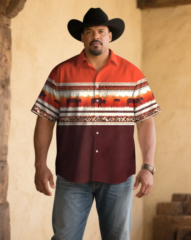 Men's Plus Size Red Color Block Animal Pattern Western Denim Print Short Sleeve Shirt sold by Biggmans