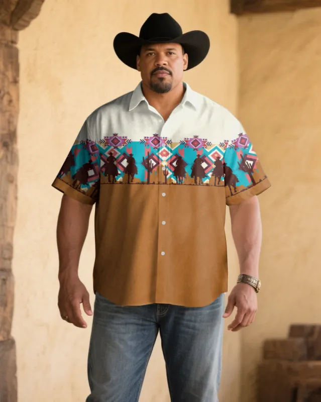 Men's Plus Size Retro Western Denim Pattern Patchwork Printed Short Sleeve Shirt sold by Biggmans