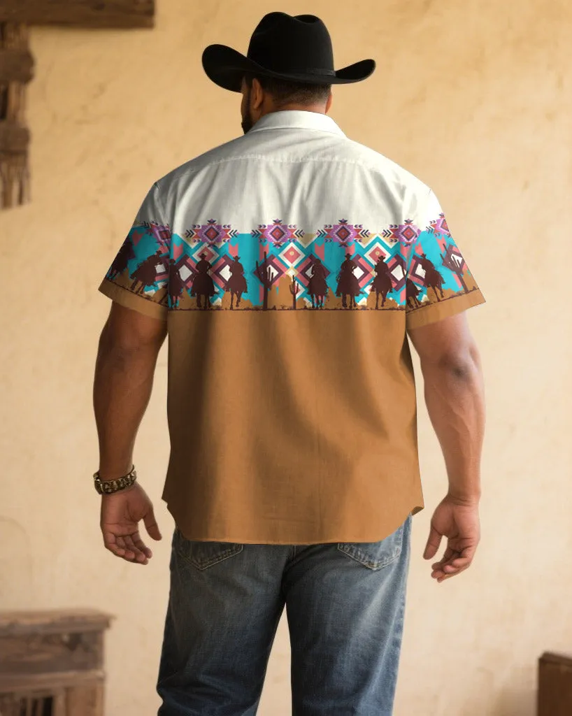 Men's Plus Size Retro Western Denim Pattern Patchwork Printed Short Sleeve Shirt sold by Biggmans product image thumbnail 2