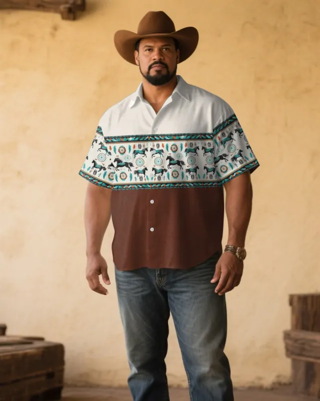 Men's Plus Size Khaki & White Western Denim Patchwork Printed Short Sleeve Shirt sold by Biggmans