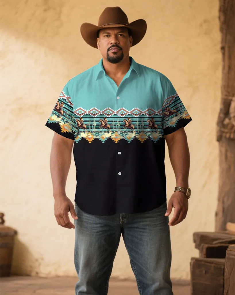 Men's Plus Size Black & Green Western Denim Floral Print Short Sleeve Shirt sold by Biggmans