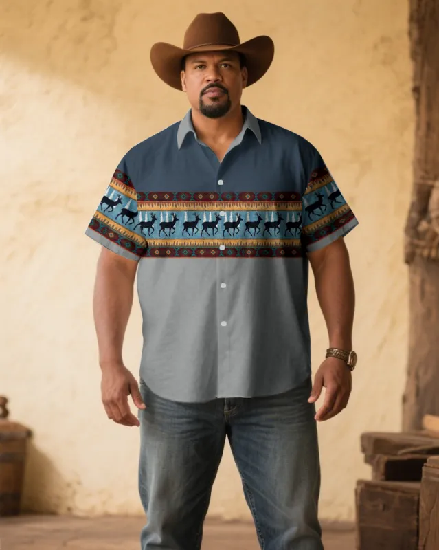 Men's Plus Size Grey & Blue Elk-Print Short Sleeve Shirt sold by Biggmans