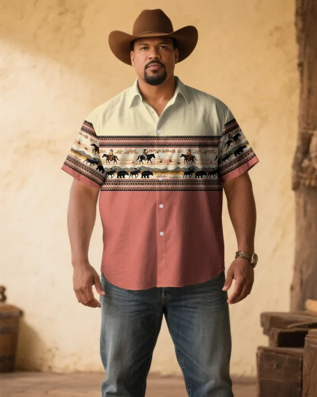 Men's Plus Size Pink & Apricot Western Denim Cotton Blend Short Sleeve Shirt sold by Biggmans