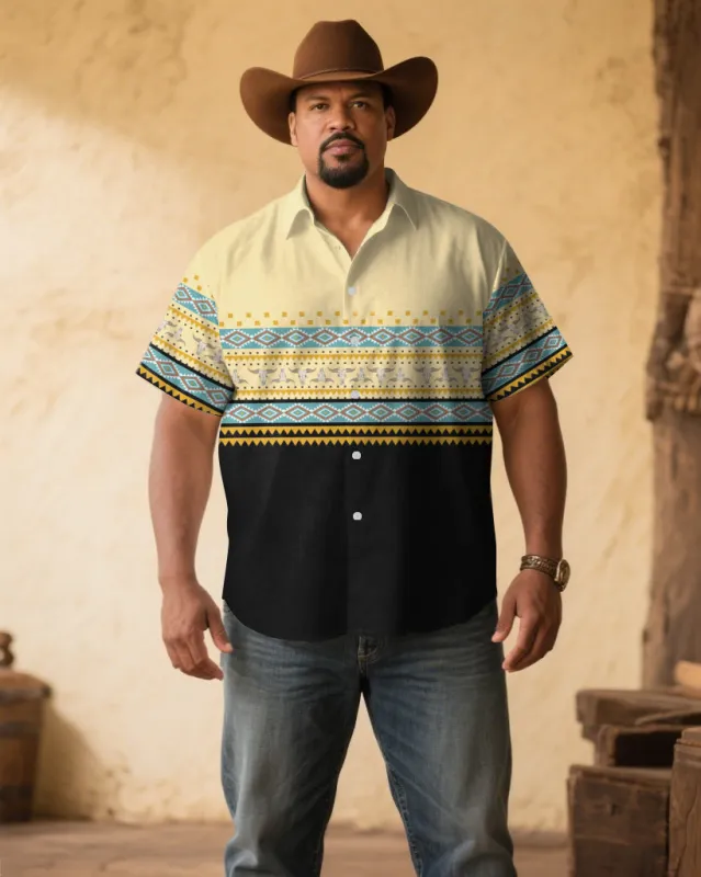 Men's Plus Size Black & Apricot Western Denim Cotton Blend Short Sleeve Shirt sold by Biggmans