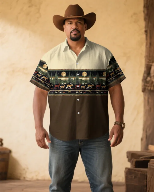 Men's Plus Size Khaki & Apricot Western Denim Cotton Blend Short Sleeve Shirt sold by Biggmans