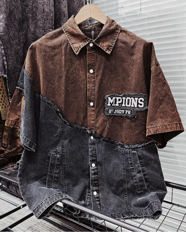 M-2XL Street Fashion Black Brown Washed Old Letter Collage Pocket Print Short Sleeve Shirt sold by Biggmans