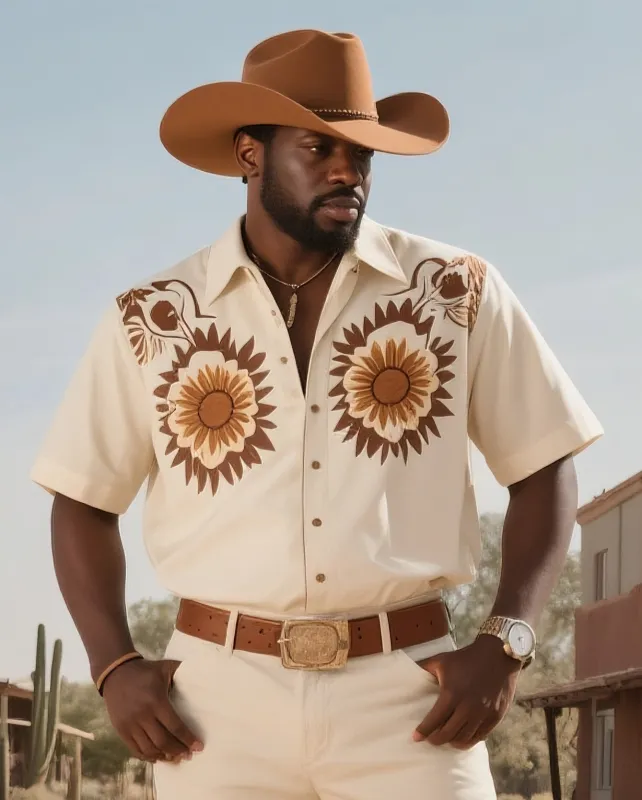 Men's Plus Size Western Denim Sunset & Textured Print Short Sleeve Shirt sold by Biggmans