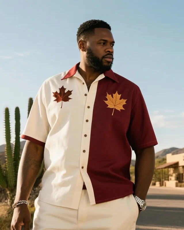 Men's Plus Size Western Denim Color Matching Maple Leaf Print Short Sleeve Shirt sold by Biggmans