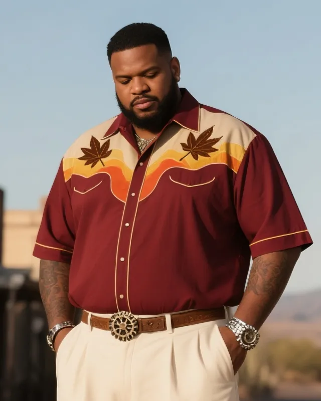 Men's Plus Size Western Denim Color Matching Dusk & Maple Leaf Print Short Sleeve Shirt sold by Biggmans