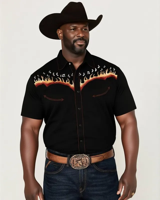 Big & Tall Men's Western Flame & Note Black Short Sleeve Shirt sold by Biggmans