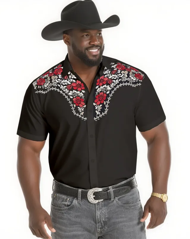 Big & Tall Men's Cattle Ranch Daily Casual Floral Design Textured Black Short Sleeve Shirt sold by Biggmans