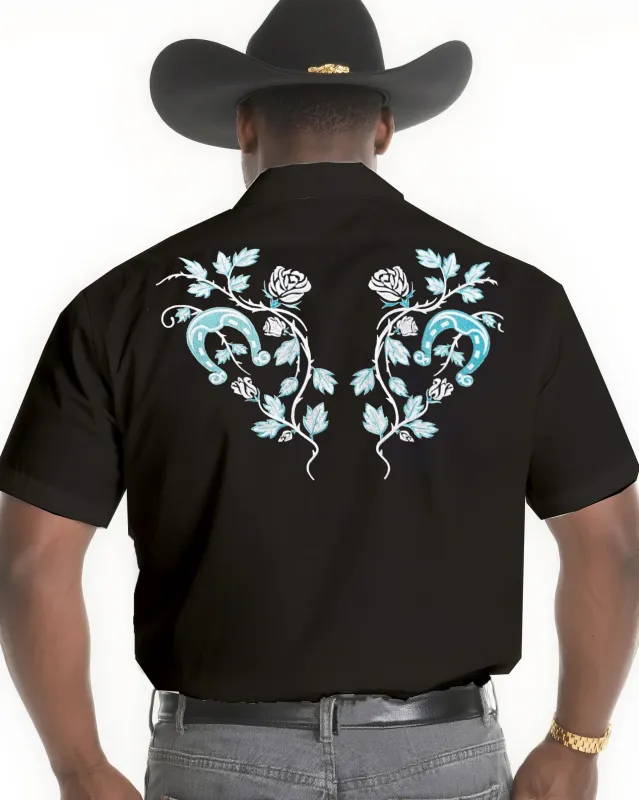 Big & Tall Men's Western Style Daily Casual Back Floral Textured Black Short Sleeve Shirt sold by Biggmans