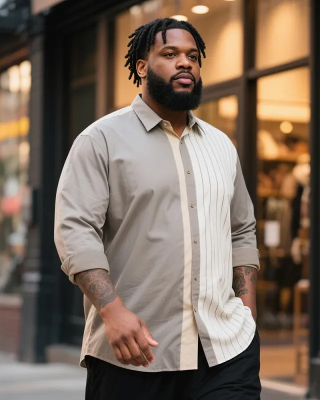 Big & Tall Men's Business Blue White Grey Contrast Striped Print Long Sleeve Shirt sold by Biggmans