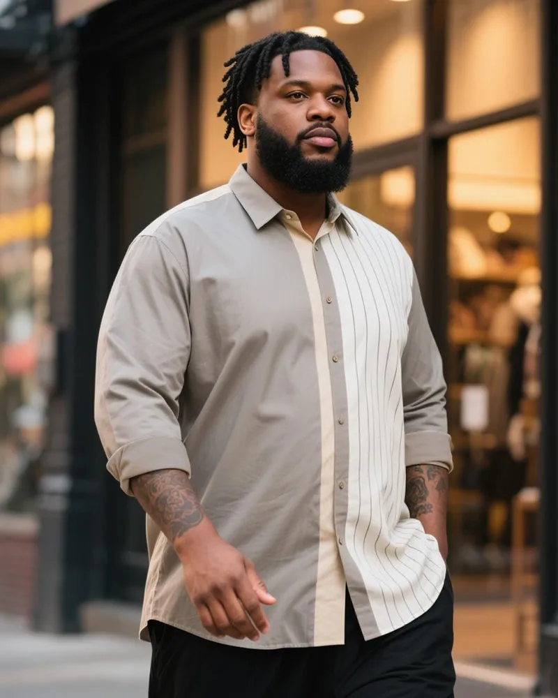 Big & Tall Men's Business Blue White Grey Contrast Striped Print Long Sleeve Shirt sold by Biggmans