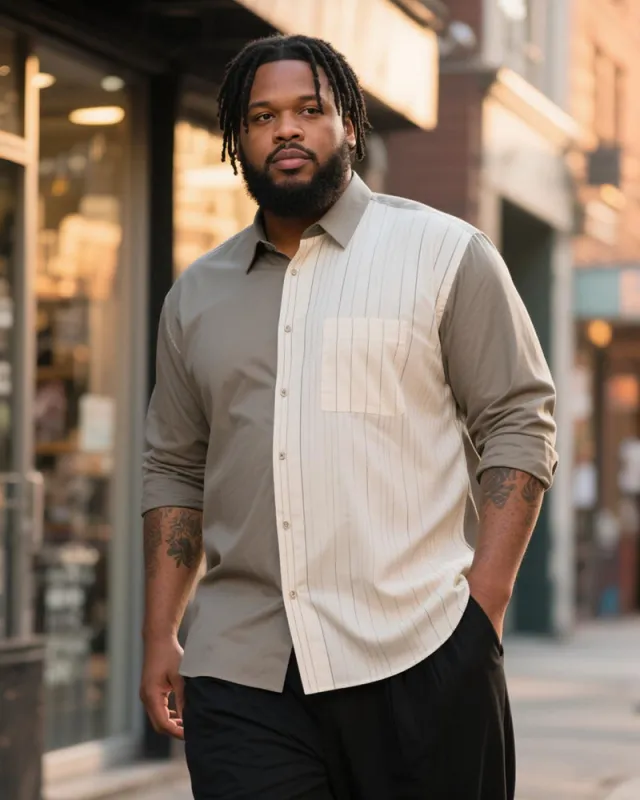 Big & Tall Men's Business Grey White Stripe Printed Long Sleeve Shirt sold by Biggmans