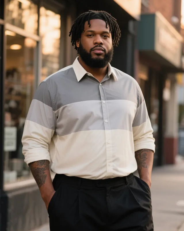 Big & Tall Men's Business Grey Tricolor Striped Print Long Sleeve Shirt sold by Biggmans
