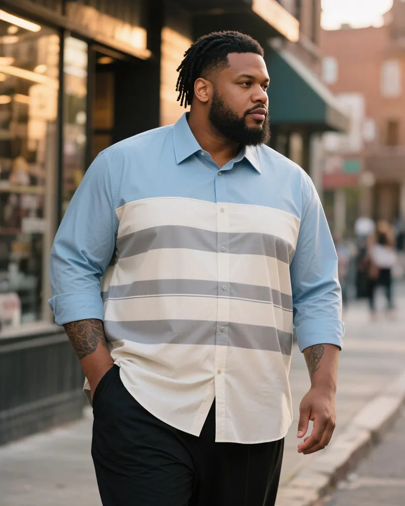 Big & Tall Men's Business Blue White Grey Contrast Stripe Printed Long Sleeve Shirt sold by Biggmans
