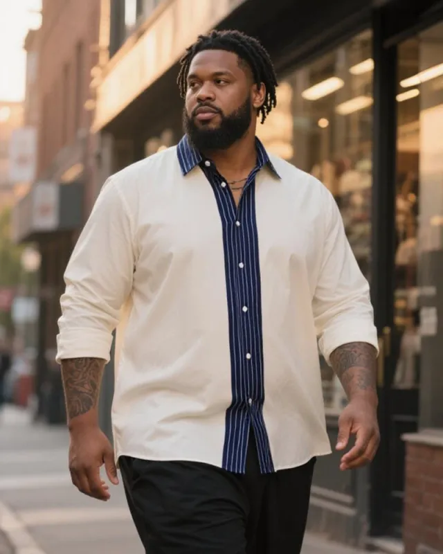 Big & Tall Men's Business Blue And White Contrast Striped Print Long Sleeve Shirt sold by Biggmans