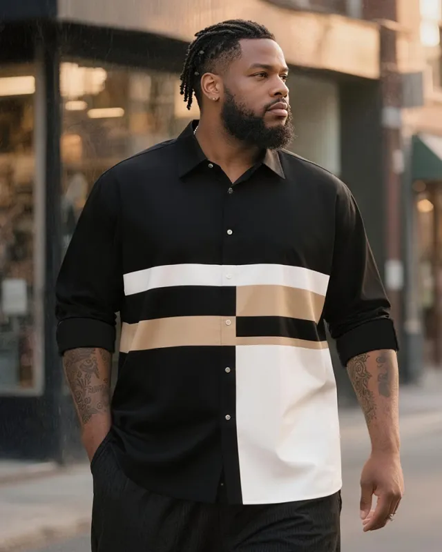 Big & Tall Men's Business Black And White Khaki Contrast Geometric Print Long Sleeve Shirt sold by Biggmans