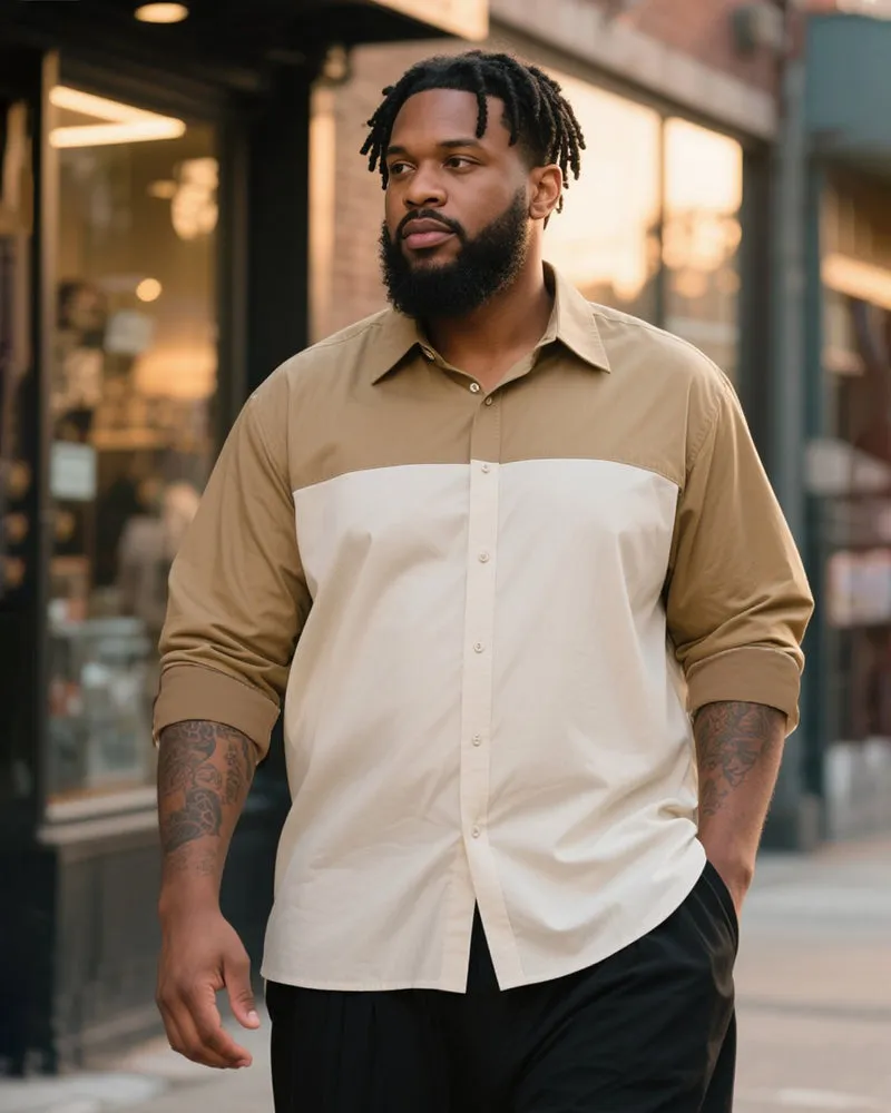 Big & Tall Men's Business Khaki White Contrast Printed Long Sleeve Shirt sold by Biggmans