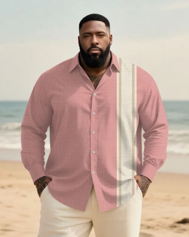 Big & Tall Men's Daily Pink Striped Geometric Print Long Sleeve Bamboo Hemp Texture Shirt sold by Biggmans