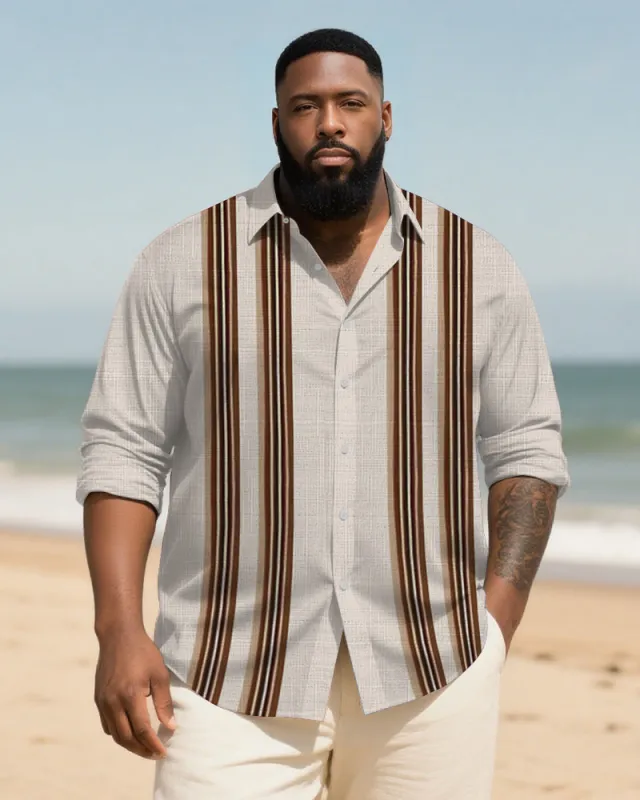 Big & Tall Men's Daily Apricot Striped Print Long Sleeve Bamboo Hemp Texture Shirt sold by Biggmans