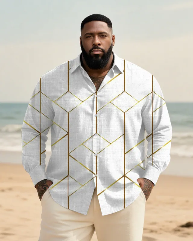Big & Tall Men's Daily White Geometric Print Long Sleeve Bamboo Hemp Texture Shirt sold by Biggmans