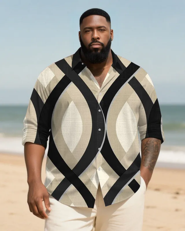 Big & Tall Men's Apricot Geometric Stripe Print Long Sleeve Bamboo Hemp Texture Shirt sold by Biggmans