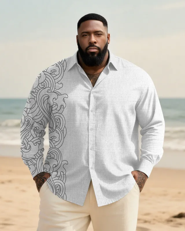 Big & Tall Men's Daily Wave Print Long Sleeve Bamboo Hemp Texture Shirt sold by Biggmans