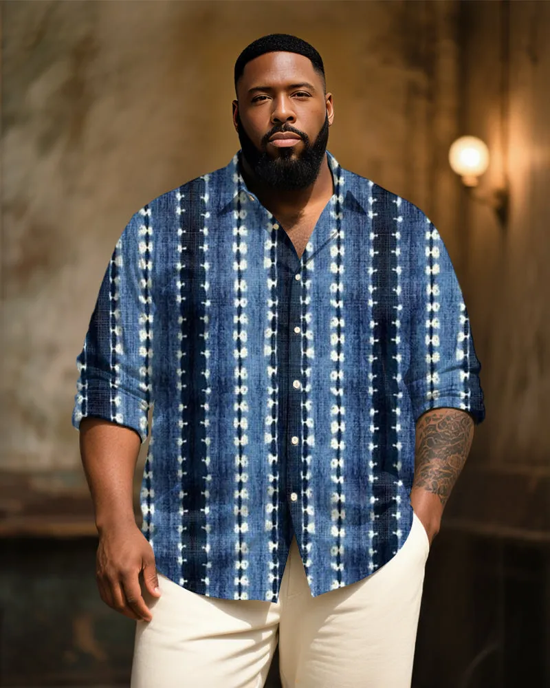 Big & Tall Men's Vintage Blue Tie Dye Stripe Art Print Long Sleeve Bamboo Hemp Texture Shirt sold by Biggmans