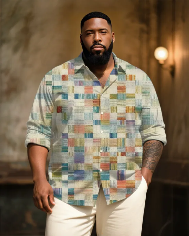 Big & Tall Men's Vintage Green Crayon Plaid Art Print Long Sleeve Bamboo Hemp Texture Shirt sold by Biggmans