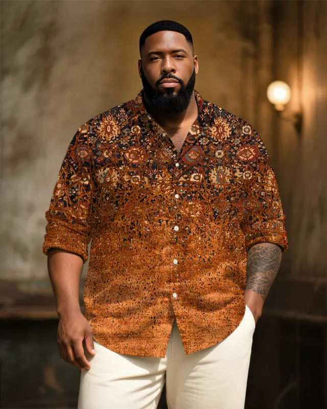 Big & Tall Men's Vintage Ethnic Art Print Long Sleeve Bamboo Hemp Texture Shirt sold by Biggmans
